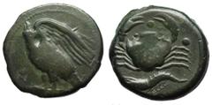 Sicily, Akragas Æ Tetras. Circa 420-406 BC. Eagle standing left on hare, head uplifted / Crab; three pellets around, shrimp below. CNS 61var.; SNG ANS -. 11.62g, 22mm, 6h. Good Fine. Extremely Rare. F