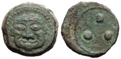 Sicily, Himera Æ Tetras. Circa 430-420 BC. Facing gorgoneion with protruding tongue / Three pellets. Kraay, Bronze 1b; CNS 18; Virzi 1034-5; SNG Morcom 596; SNG ANS 181; SNG Copenhagen 315-6; Weber 13