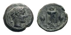Sicily, Leontini Æ Tetras. Circa 405-402 BC. Laureate head of Apollo right; leaf to left / Tripod; barley grains flanking, three pellets (mark of value) in exergue. Boehringer, Frühen, Series B; CNS 3