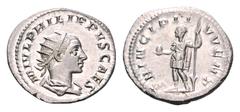 Philip II AR Antoninianus. Rome, AD 244-246. M IVL PHILIPVS CAES, radiate, draped & cuirassed bust right / PRINCIPI IVVENT, Philip II standing left, holding globe and spear. RIC 218. 3.99g, 22mm, 11h.