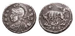 Constantine I, Contemporary Imitation, Commemorative AR Follis. Siscia, AD 334-335. Helmeted and mantled bust of Roma left / She-wolf standing left, suckling the twins Romulus and Remus; two stars abo