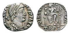 Magnus Maximus AR Siliqua. Treveri, AD 383-388. Pearl-diademed, draped, and cuirassed bust right / Roma seated facing on throne, head left, holding globe and reversed spear; TRPS in exergue. RIC IX 84