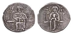 Anonymous Palaiologian AR Aspron Trachy. AD 1204-1261. IC - XC, Christ enthroned / Maria Nikopoios enthroned. Sear 2586. 1.97g, 20mm, 5h. Pleasantly toned, Good Very Fine.