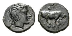 Sicily, Gela Æ Tetras. Circa 420-405 BC. Bull walking right / Head of river-god Gelas right. Jenkins 528; CNS III, p. 22, 49; HGC 2, 380. 3.49g, 14mm, 11h. Very Fine.