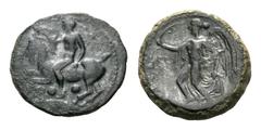 Sicily, Himera Æ Tetras. 420 BC. Nude youth riding goat left, blowing conch shell, below three pellets and grain of wheat / IMEPAION, Nike to left holding aphlaston. CNS I, n. 42; SNG Copenhagen -; SN