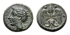 Sicily, Katane Æ Tetras. Circa 405-402 BC. Head of the river god Amenanos left; ivy leaf behind / Winged thunderbolt; three pellets around. CNS III, 1; SNG ANS 1272. 2.46g, 13mm, 1h. Beautiful patina,