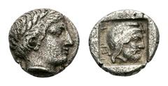 Mysia, Pergamon AR Diobol. Mid 5th century BC. Laureate head of Apollo right / Bearded head right, wearing Persian tiara, within incuse square. Von Fritze, Pergamon pl. I, 1; Mørkholm, Pergamene 1; SN