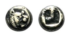Kingdom of Lydia. Alyattes EL Hemihekte – 1/12 Stater. Sardes, circa 610-560 BC. Head of lion right, sun on forehead (later style) / Incuse square punch. Weidauer Group XVI, 90; Traité I 47; SNG Kayha