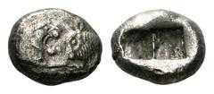 Kings of Lydia, Kroisos AR Siglos. Sardes, 550-546 BC. Confronted foreparts of a lion, on the left, and a bull, on the right / Two incuse squares of unequal size. Dewing 2428. SNG Kayhan 1024-1026. 5.