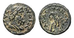 Lydia, Sardes Æ16. Time of Caracalla, circa AD 212-217. Diademed and draped bust of Zeus Lydios right / Herakles standing, leaning on club and holding lion's skin. Johnston 262; BMC 86. 1.60g, 15mm, 6