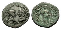 Gordian III and Tranquillina Æ27 of Anchialus, Thrace. AD 238-244. Confronted busts of Gordian III right, laureate, draped, and cuirassed, and Tranquillina left, diademed and draped / Hera standing fa