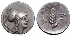 Lucania, Metapontion AR 1/2 Shekel. Punic occupation, circa 212-207 BC. Head of Athena to right wearing crested Corinthian helmet / Ear of barley with leaf to right; owl in flight above leaf. Robinson