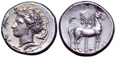 Sicily, Siculo-Punic AR Tetradrachm. Circa 330 BC. Head of Tanit-Persephone to left, wearing barley-wreath, triple-pendant earring and necklace; four dolphins around / Horse standing to right, palm-tr