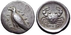 Sicily, Akragas AR Didrachm. Circa 495-478 BC. Sea eagle standing left with folded wings; AKRACAΣ around / Crab within incuse circle; ΕΧΑ (retrograde) below. SNG ANS 919 var.; Jenkins, Gela 6 var.; Tr
