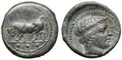 Sicily, Gela Æ Tetras. Circa 420-415 BC. Bull standing left; three pellets in exergue / Diademed head of the river-god Gelas right, ΓEΛAΣ before. Jenkins, Gela Group IX, 505; SNG ANS 109, Calciati III