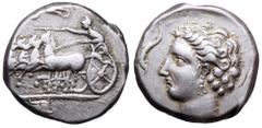 Sicily, Thermai Himerensis AR Tetradrachm. Circa 400-375 BC. Charioteer, wearing Phrygian cap, driving galloping quadriga left; above, Nike flying right; altar in exergue / Female head left; three dol