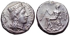 Sicily, Thermai Himerensis AR Didrachm. Circa 365-350 BC. Head of Hera right, wearing stephane ornamented with foreparts of three griffins to right; dolphin behind, ΘERMITAN around / Youthful Herakles