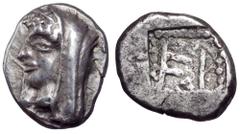 Arkadia, Heraia AR Hemidrachm. Circa 500-495 BC. Veiled head of Hera to left, wearing stephane and beaded necklace / ΕΡ, beaded square around; all within a shallow incuse square. BCD 1350, BMC 1, BMFA