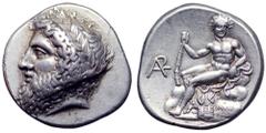 Arkadia, Arkadian League AR Stater. Circa 363-362 BC. Bearded, laureate head of Zeus Lykaios left / Young Pan reclining upon a rocky outcrop, his mantle spread beneath him, Pan's head three-quarters f