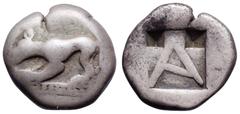 Argolis, Argos AR Drachm. Circa 490-470 BC. Wolf at bay to left, his head lowered, standing on base composed of pellets between two parallel lines / A within shallow incuse square containing, in the u