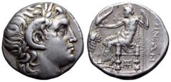 Cyclades, Tenos AR Tetradrachm. Circa 200-180 BC. Head of Apollo Karneios to right / Poseidon seated left, holding trident and dolphin; THNΩN to right, grape bunch to left, monogram below throne. Étie