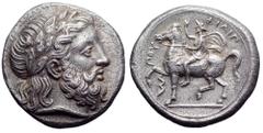 Kingdom of Macedon. Philip II AR Tetradrachm. Amphipolis, circa 355-349 BC. Laureate head as Zeus to right / The king, wearing kausia and chlamys, raising his right hand in salute and riding a horse w