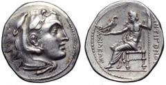 Kingdom of Macedon. Antigonos I Monophthalmos (or II Gonatas) AR Drachm. Uncertain mint in the Peloponnesos, circa 306-301 BC. Head of Herakles wearing lion skin headdress to right / Zeus enthroned to
