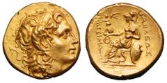 Kingdom of Thrace. Lysimachos AV Stater. Uncertain mint, circa 305-281 BC. Head of the deified Alexander the Great right, wearing diadem and horn of Ammon / Athena Nikephoros enthroned left, shield re