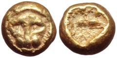 Ionia, uncertain mint EL 1/24 Stater. Circa 600-550 BC. Facing lion's head / Incuse square. Vismara, Arcaica 38; cf. Weidauer 162 (1/12 stater); cf. SNG Kayhan 712 (1/12 stater); cf. Rosen 370 (1/12 s