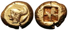 Mysia, Kyzikos EL Stater. Circa 550-500 BC. Head of youthful Perseus to left wearing winged cap; tunny fish downwards behind / Quadripartite incuse square. Von Fritze 65; SNG France 193. 16.16g, 21mm.