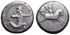 Karia, Achaemenid Period AR Tetradrachm. Circa 341-334 BC. Persian king or hero in kneeling-running stance right, drawing bow / Satrap on horseback right, thrusting spear; to left, bearded male head r