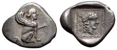 Dynasts of Lycia. Orou (Uvug) AR Obol. Circa 470-440 BC. Sphinx seated to left, one paw outstretched / Head of Apollo right, OFOV behind, all within incuse square. Babelon, Traité II/2, 316; Müseler/N