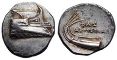Lycia, Phaselis AR Stater. Circa 250-220 BC. Akousiad…, magistrate. Prow of galley to right with fighting platform on deck, apotropaic akrostolion bent backwards, oar box, central beam ending in upper