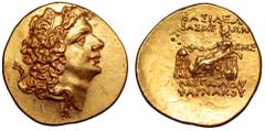 Kingdom of Pontos and Cimmerian Bosporos. Pharnakes II AV Stater. Pantikapaion, 53/52 BC. Diademed bust of Pharnakes right, with luxuriant hair falling behind neck / Apollo, semi-draped, seated to lef