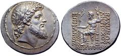 Seleukid Kings of Syria. Antiochos IV Epiphanes AR Tetradrachm. Antioch, circa 168-164 BC. Laureate head of Zeus right, with the features of Antiochos / BAΣIΛEΩΣ ANTIOXOY ΘEOY EΠIΦANOYΣ NIKHΦOPOY, Zeu