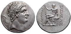 Greco-Baktrian Kingdom. Euthydemos I Theos Megas AR Tetradrachm. Mint B ('Baktra'), circa 210-206 BC. Diademed head right / Herakles seated left on lion skin draped over rocks, holding club set on roc