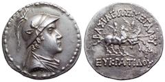 Greco-Baktrian Kingdom. Eukratides I 'the Great' AR Tetradrachm. Circa 170-145 BC. Helmeted bust of Eukratides right / The Dioskouroi on horses prancing right, each holding spear and palm; ΒΑΣΙΛΕΩΣ ΜΕ