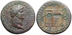 Nero Æ Sestertius. Rome, AD 66. NERO CLAVDIVS CAESAR AVG GER P M TR P IMP P P, laureate bust left wearing aegis / PACE PR TERRA MARIQV PARTA IANVM CLVSIT, view of the Temple of Janus with garland hung