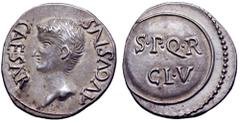 Civil War, Vindex AR Denarius. Uncertain mint in Gaul, AD 68. AVGVSTVS CAESAR, bare head of youthful Augustus to left / S•P•Q•R - CL•V inscribed in two lines on clipeus virtutis. Nicolas -; Martin -; 