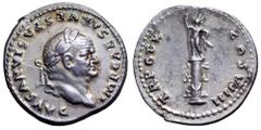 Vespasian AR Denarius. Rome, AD 79. IMP CAESAR VESPASIANVS AVG, laureate head right / TR POT X COS VIIII, radiate figure standing facing atop rostral column, holding sceptre and parazonium. RIC 1065; 
