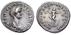 Domitia AR Denarius. Rome, AD 82-3. DOMITIA AVGVSTA IMP DOMIT, draped bust right, with hair massed in front and in long plait behind / DIVVS CAESAR IMP DOMITIANI F, Domitian's son as naked infant boy 