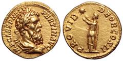 Pertinax AV Aureus. Rome, AD 193. IMP CAES P HELV PERTIN AVG, laureate and draped bust right / PROVID DEOR COS II, Providentia standing left, holding up both hands to large star. RIC 10b; Calicó 2388 