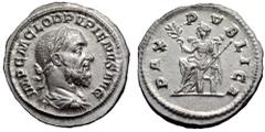 Pupienus AR Denarius. Rome, AD 238. IMP C M CLOD PVPIENVS AVG, laureate, draped and cuirassed bust right / PAX PVBLICA, Pax seated left, holding branch and sceptre. RIC 4. 3.25g, 20mm, 12h. Fleur De C