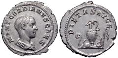 Gordian III, as Caesar, AR Denarius. Rome, AD 238. M ANT GORDIANVS CAES, bare headed and draped bust right / PIETAS AVGG, jug between lituus, knife and patera on left, simpulum and sprinkler on right.