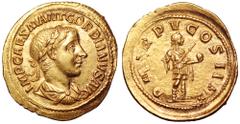 Gordian III AV Aureus. Contemporary Indian imitation, circa AD 241-243. IMP CAES M ANT GORDIANVS AVG, laureate, draped and cuirassed bust right / P M TR P V COS II P P, Gordian, in military attire, st