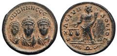 Theodosius I, with Arcadius and Honorius, Æ Exagium Solidi Weight. Constantinople, AD 402-408. DDD NNN GGG, diademed and draped facing busts of Honorius, Theodosius, and Arcadius respectively / EXAGIV