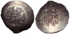 Isaac II EL Aspron Trachy. Constantinople, first reign, AD 1185-1195. The Virgin enthroned facing, holding infant Christ; MP-ΘV across upper fields / Isaac standing facing, holding holding cruciform s