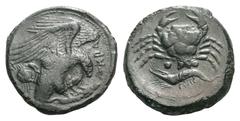 Sicily, Akragas Æ Tetras. Circa 420-406 BC. AKPA, eagle, with head lowered, standing right on hare; crab behind / Crab, crayfish left below; three pellets below crab. SNG ANS 1037; Calciati I pg. 178,