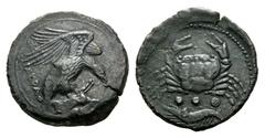 Sicily, Akragas Æ Tetras. Circa 420-406 BC. Eagle standing right, head lowered, on hare held in its talons / Crab; below, three pellets (mark of value) and crayfish left. CNS 52-54; SNG ANS 1034-46; S