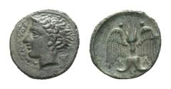 Sicily, Katane Æ Tetras. Circa 405-402 BC. AMENANOΣ, head of the river god Amenanos left; ivy leaf behind / K – A, winged thunderbolt; three pellets around. CNS III, pp. 91-92, 1-1/24; HGC 2, 607. 1.5